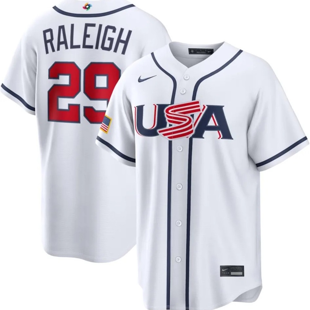 Cal Raleigh 29 Nike White Baseball Jersey with Navy Trim